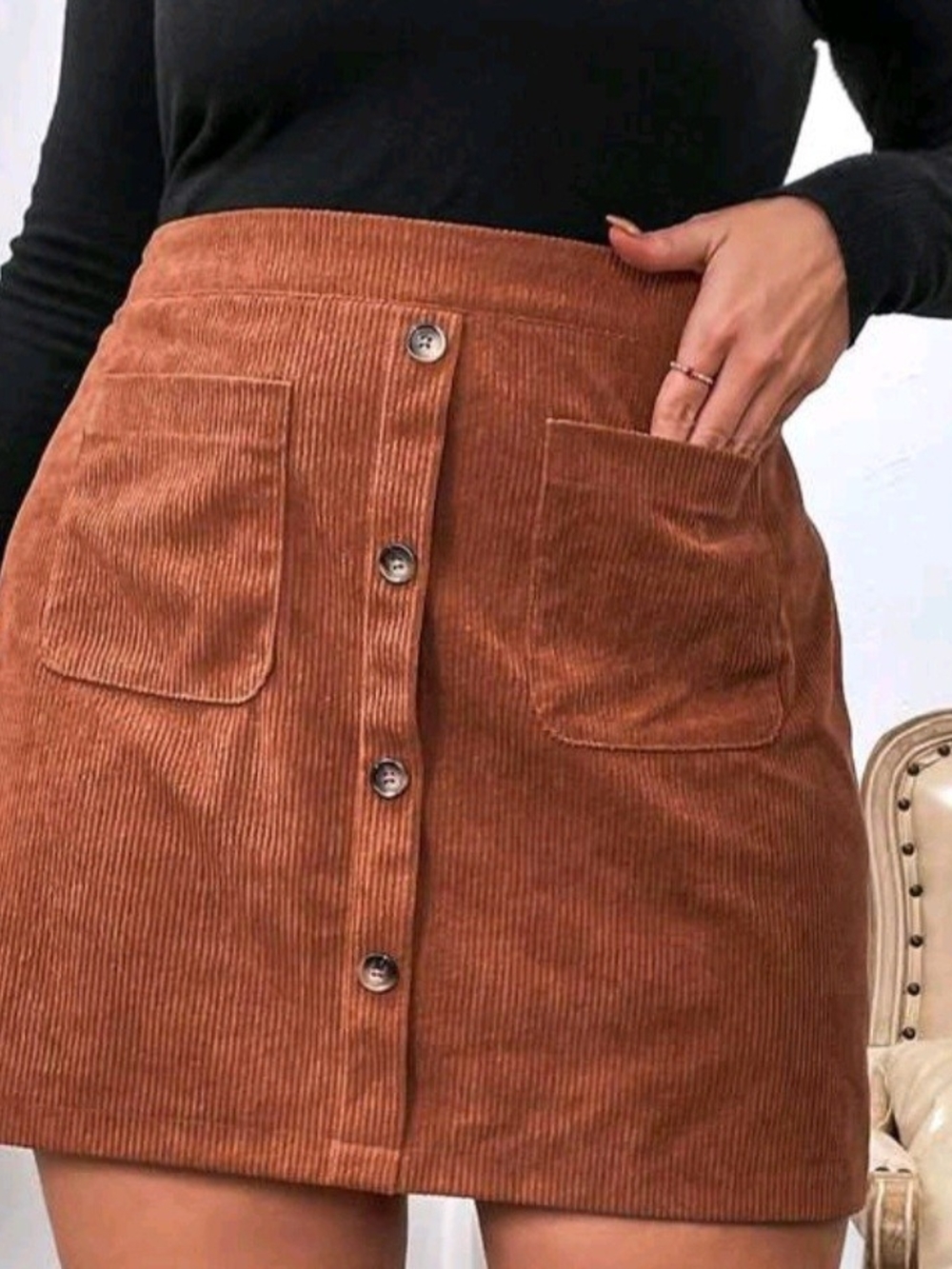 Corduroy Button-Front High Waisted Mini Skirt in Rust - XXL (16)